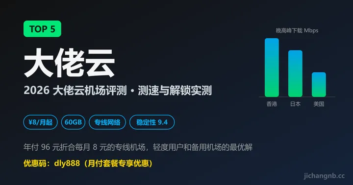 大佬云机场 2026 评测封面：TOP 5、年付折合每月 8 元、60GB