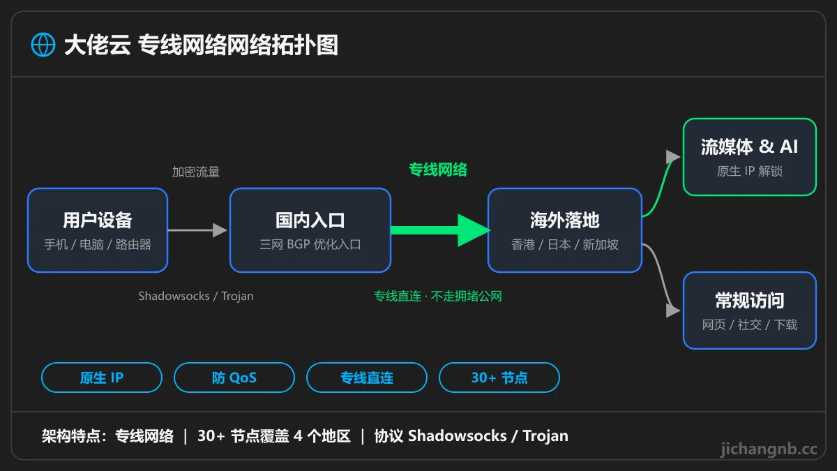 大佬云专线网络拓扑图：用户设备经国内入口通过专线连接香港、日本、新加坡落地