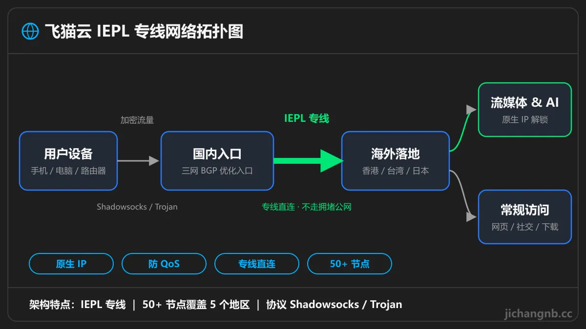 飞猫云 IEPL 专线网络拓扑图：用户设备经国内三网入口通过 IEPL 专线连接香港、台湾、日本落地，原生 IP 解锁