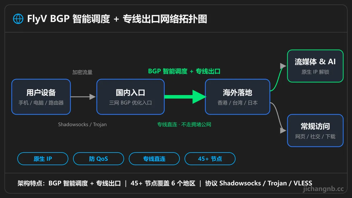 FlyV BGP 智能调度与专线出口拓扑图：用户设备经三网 BGP 入口，通过专线出口连接香港、台湾、日本落地