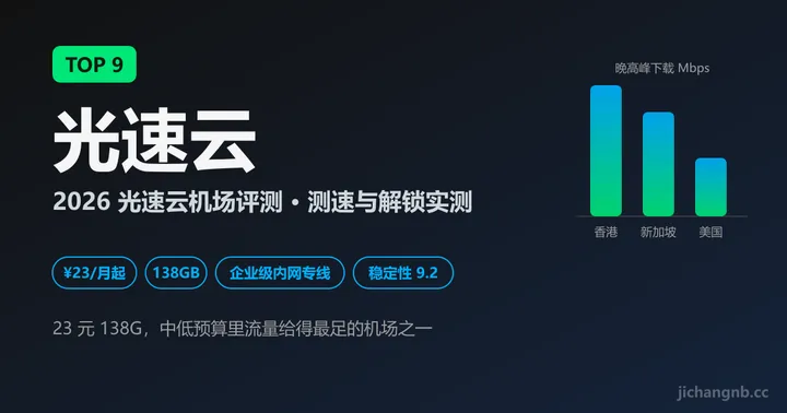 光速云机场 2026 评测封面：TOP 9、企业级内网专线、23 元 138GB