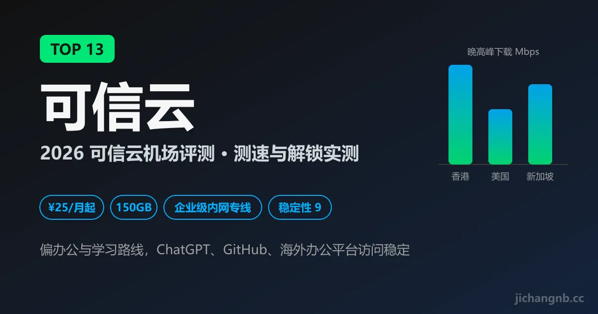 可信云机场 2026 评测封面：TOP 13、企业级内网专线、AI 办公、25 元 150GB