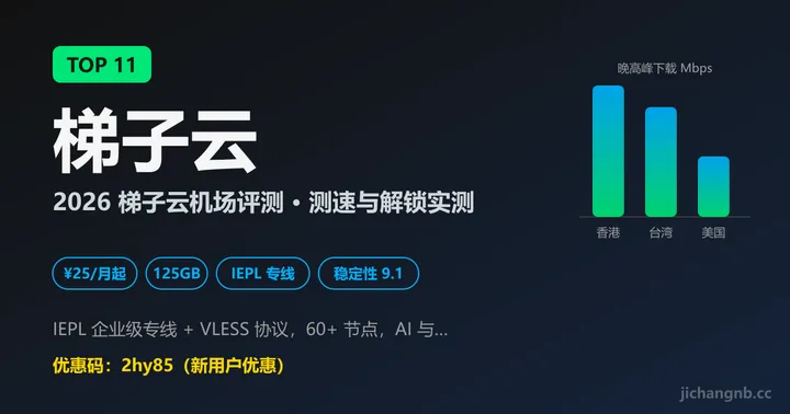 梯子云机场 2026 评测封面：TOP 11、IEPL 专线、VLESS、25 元 125GB