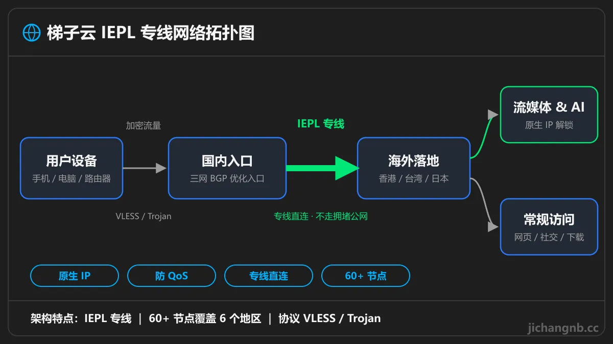 梯子云 IEPL 专线网络拓扑图：用户设备经三网入口，通过 IEPL 专线连接香港、台湾、日本落地，VLESS 协议